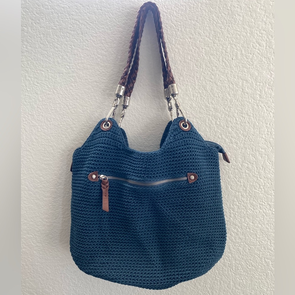 The Sak Teal Woven Shoulder Bag with Brown Braided Handles